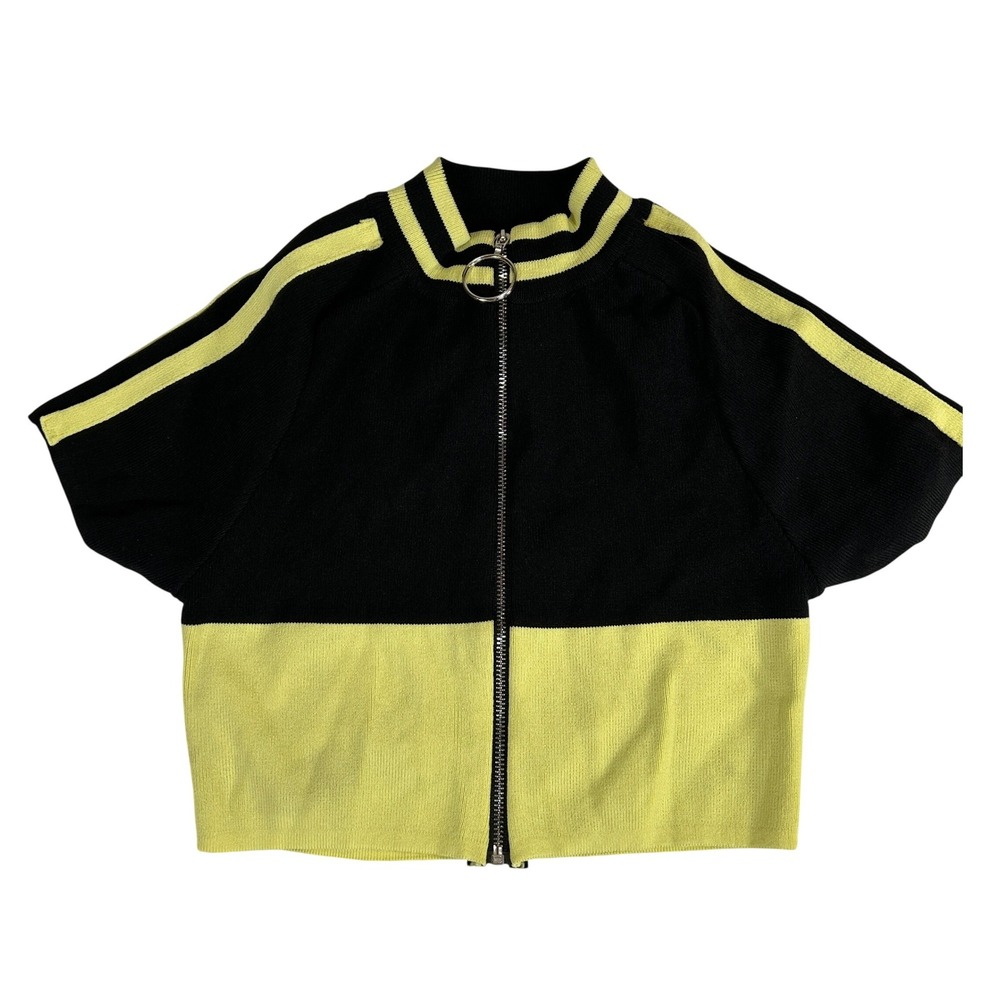 Hot & Delicious Black Neon Yellow Full Zip Cropped Sweater Mock‎ Neck S HC6487